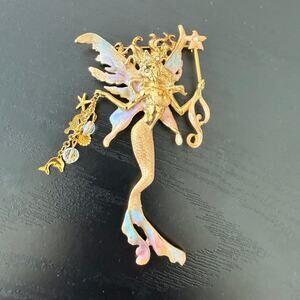 Vintage Kirk's Folly "Sea Fairy" Brooch Mermaid Gold-Tone Sea Charms Rhinestones